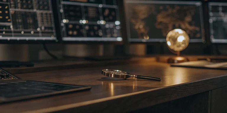 Magnifying glass over digital screens analyzing data for a cybersecurity assessment tool.