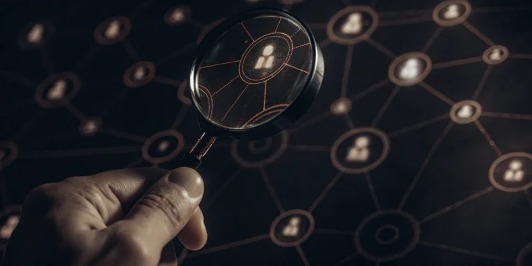 Magnifying glass highlighting the difference between a vulnerability and an exposure on a digital network.