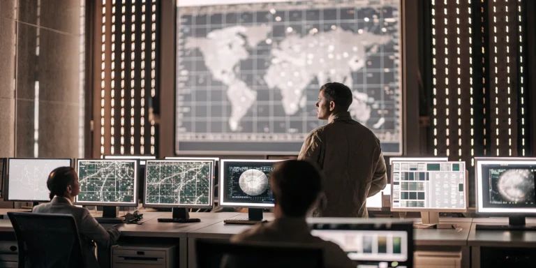 A cybersecurity team managing digital exposure by monitoring threats on multiple screens.