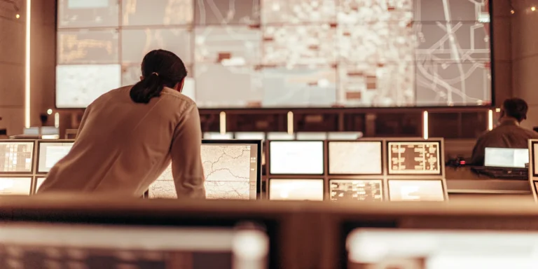 A security professional analyzes data on a vulnerability management tool dashboard.