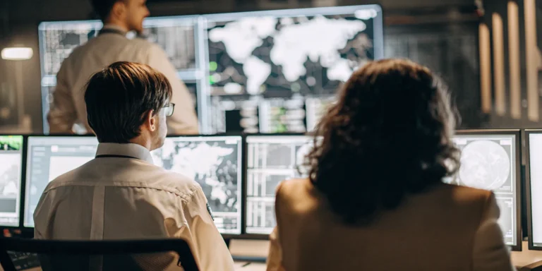 Security analysts monitoring a vulnerability management program with threat intelligence dashboards.