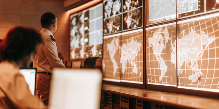 Analysts performing continuous threat exposure management by monitoring global threats on digital maps.