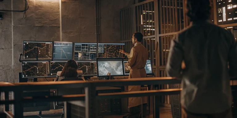 Analysts prioritizing vulnerabilities with EPSS scores on screens in a security operations center.