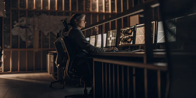 A security expert managing threat exposure on a multi-screen dashboard.