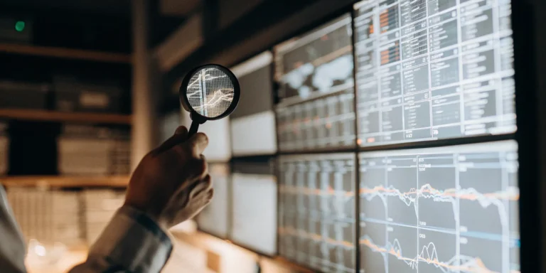 A magnifying glass focuses on vulnerability management dashboards to identify and prioritize security risks.
