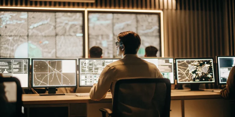 Security analyst performing threat and vulnerability management by reviewing data on multiple screens.