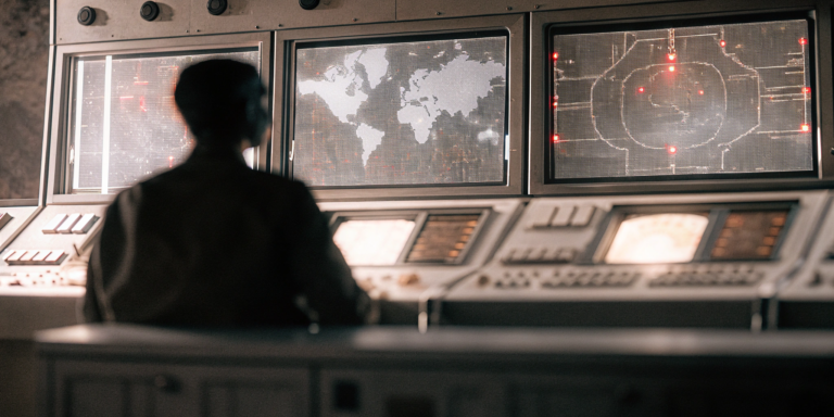 Analyst in a control room tracks the top 10 threat actors on a world map.