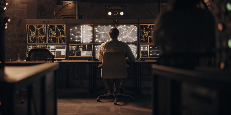 Cybersecurity analyst managing threat exposure on multiple screens in a security control room.