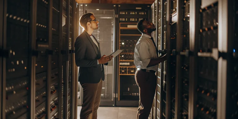IT professionals performing enterprise threat exposure management in a server data center.
