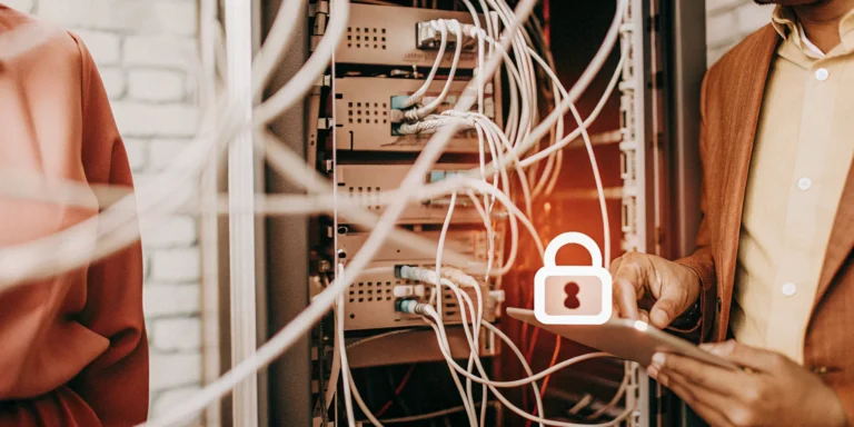 IT team in a server room analyzing data on a screen to prioritize cyber risk.