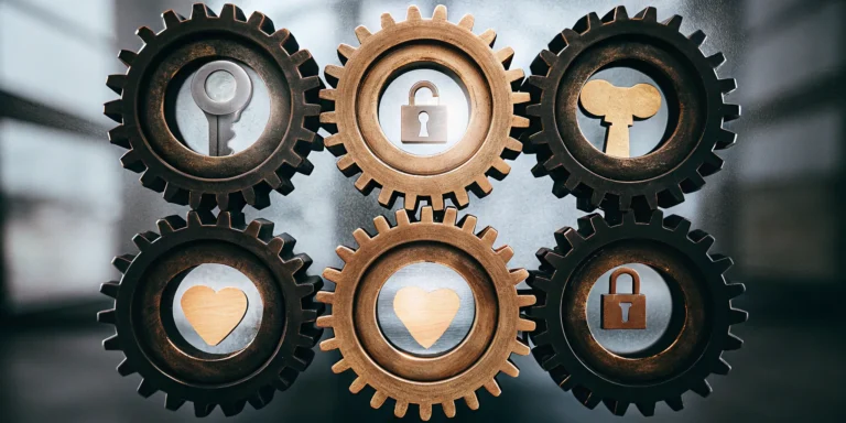 A vulnerability prioritization tool for enterprises shown as interlocking gears with security icons.