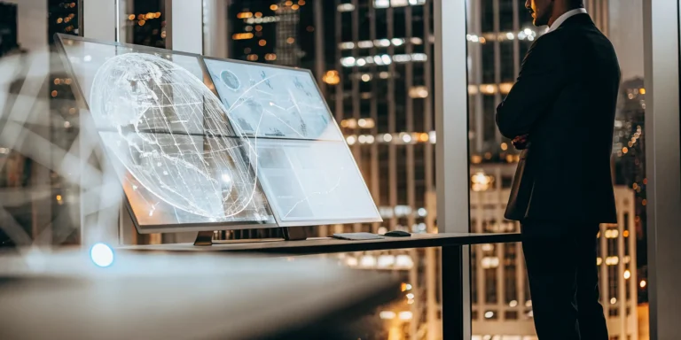 A security analyst reviews an exposure management dashboard on multiple monitors.