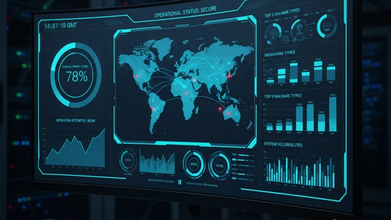 Cybersecurity analytics dashboard displayed on a boardroom screen showing security ROI metrics and risk reduction charts