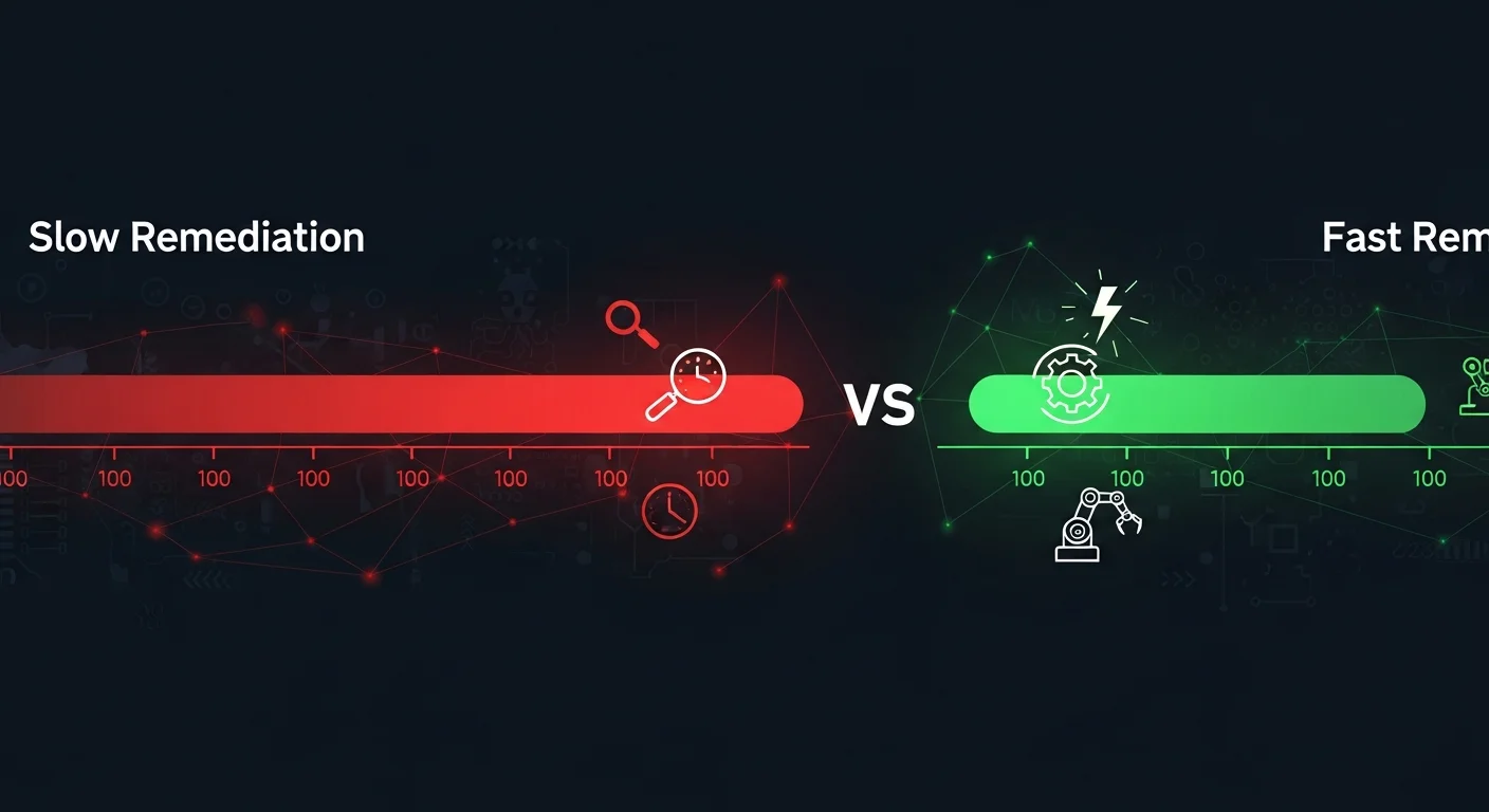 Comparison showing how automated remediation reduces vulnerability exposure window and MTTR