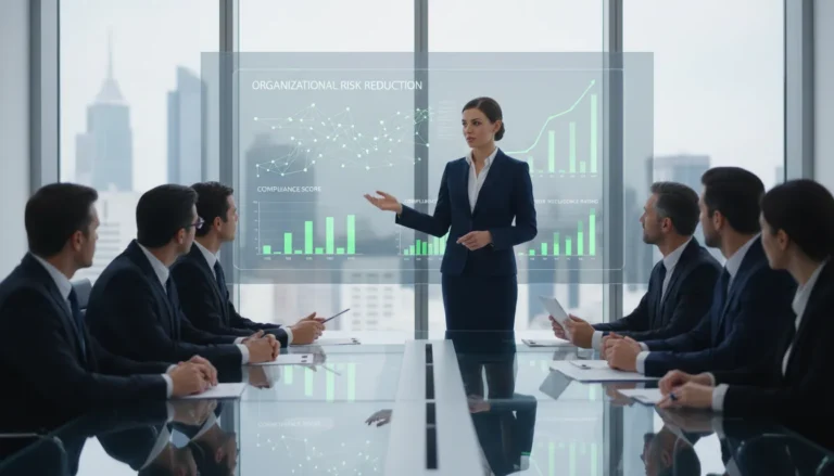 CISO presenting a CTEM business case and cybersecurity risk dashboard to board members in a modern boardroom